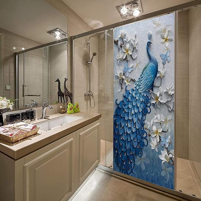 ChezMax Door Stickers Decals 3D Door Murals Peel and Stick, Removable Decorative Vinyl Wallpaper Waterproof Self Adhesive Wall Covers Poster for Home Office Decoration Vivid Palace 30.3" W x 78.7" H | 30.3"W x 78.7"H, 3D Blue Peacock Wallpaper，Waterpro... - Image 3