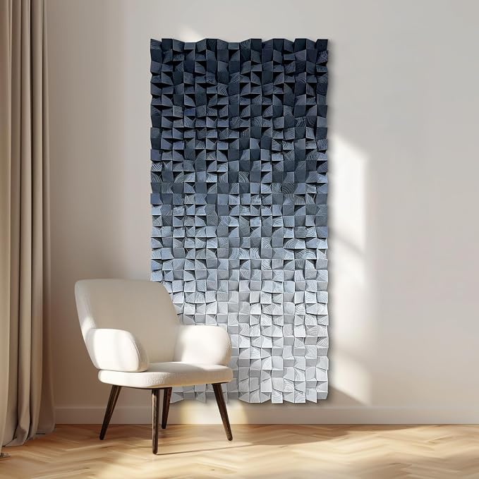 LIUZEYUE Blue and White Textured Wood Wall Art, Monochrome Block Gradient | extra large carved wood wall art; black and white, block shadow depth; stair landing narrow-wall centerpiece; 23.6 x 47.2 in - Image 9