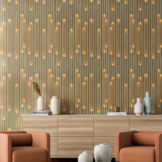 Matte 3D Wood Grating Stripe Peel and Stick Wall Panels,Simulated LED Lighting Wood Slats PE Foam Self-Adhesive Removable Waterproof Renter Friendly Wallpaper for Home Decoration(23.6"x11.8"10PCS) - Image 2