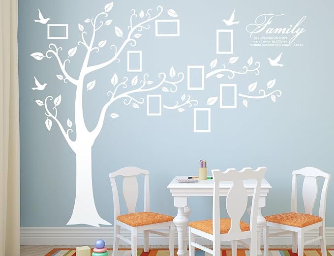 Large Family Photo Tree Wall Sticker 3D Peel and Stick Vinyl Photo Frame Tree Wall Decals Removable Quotes Leaf and Birds Wall Decor for Home Kids Bedroom Living Room Classroom Nursery R White - Image 6