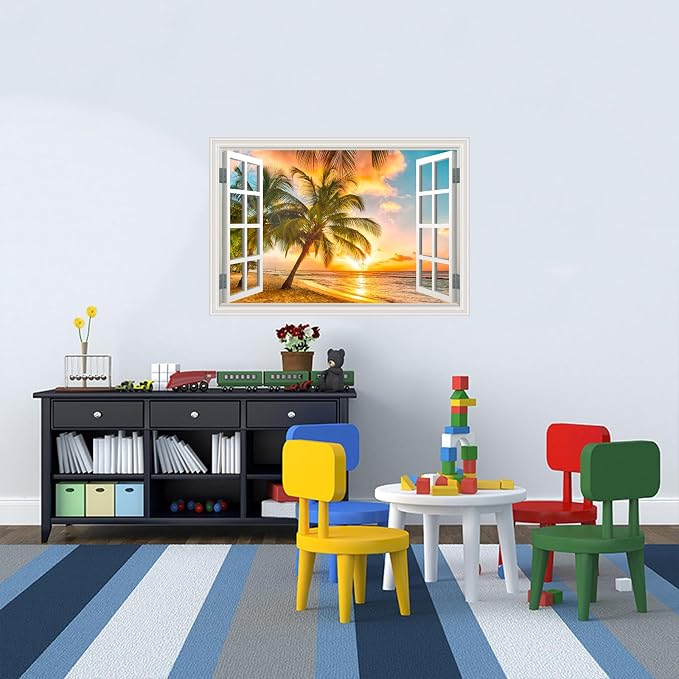 Fake Window Wall Decal- Summer Beach Ocean Coconut Trees Open Art Sticker | Faux Window Natural Scenery Landscape Mural ｜ Stick and Peel Wall Decals｜Room Bedroom Office Decor｜Large Murals 66"x48" - Image 5