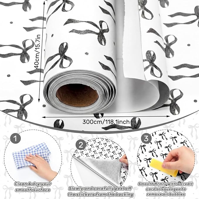 Drydiet Black Bow Wallpaper Peel and Stick Contact Paper 15.8 x 118.1 | Self Adhesive, Black Bow Coquette Design, Easy Apply Remove, Wall Sticker for Home Locker Dorm Classroom Living Room Decor - Image 2