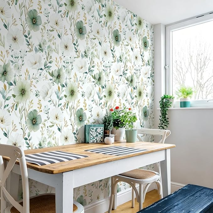 Nukofal Green Floral Peel and Stick Wallpaper for Bathroom 16.9inx118.1in | Floral Contact Paper Watercolor Flower Wallpaper Modern Green Self Adhesive Removable Wall Paper for Cabinet Decor Vinyl - Image 8