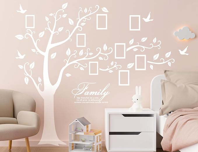 Large Family Photo Tree Wall Sticker 3D Peel and Stick Vinyl Photo Frame Tree Wall Decals Removable Quotes Leaf and Birds Wall Decor for Home Kids Bedroom Living Room Classroom Nursery R White - Image 3