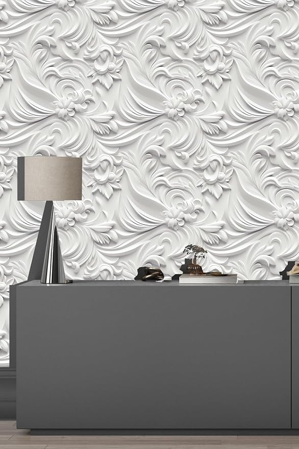 Peel and Stick Wallpaper White Gray Scroll Floral Feature - Image 3