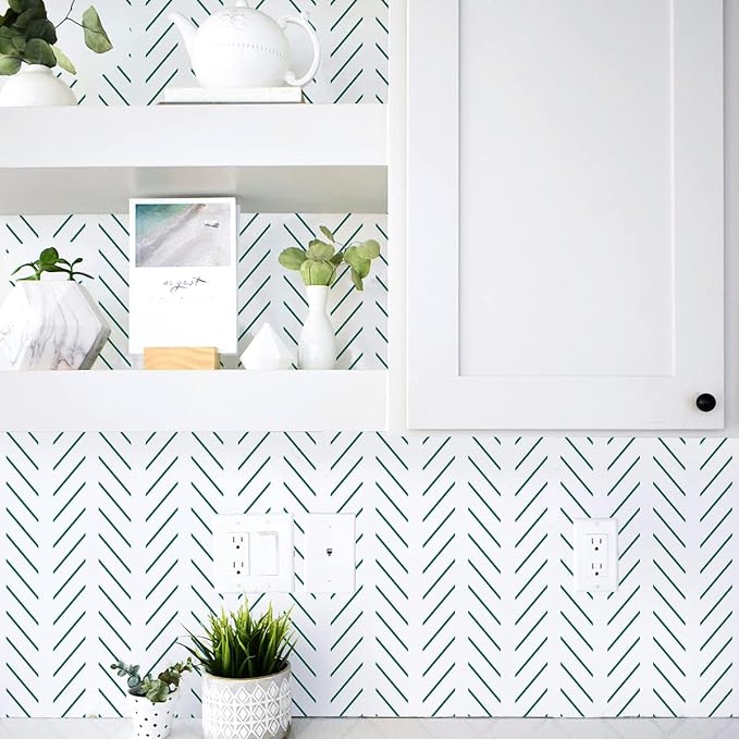 Erfoni Peel and Stick Wallpaper Green Herringbone Wallpaper for Bathroom | 17.7in x 118.1in Modern Geometric Removable Contact Paper Green and White Line Peel Stick Self Adhesive Wallpaper for Walls - Image 4