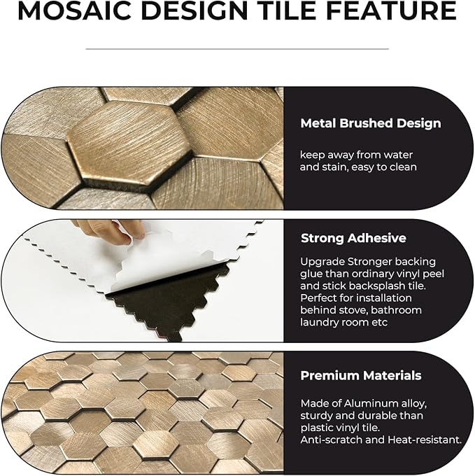 STICKGOO Peel and Stick Backsplash Tiles, Stick on Mosaic Self Adhesive Tiles, 3D Hexagon Backsplash for Kitchen Bathroom Fireplace Vanity (8PCS, Copper) - Image 4