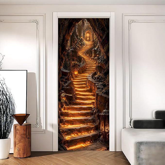 Glowing Cave Staircase Peel and Stick Door Mural 30.31x78.74 in | Glowing cave staircase fantasy scene; self-adhesive vinyl that smooths onto flat hallway or bedroom doors by Cmialusie
