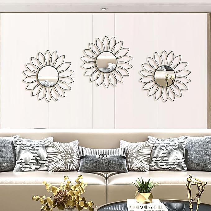3 Pack Metal Mirrors for Wall Sunburst Wall Mirrors Home Décor Decorative Hanging Wall Art for Living Room Bedroom Entryway (Black2, Flowers) - Image 6