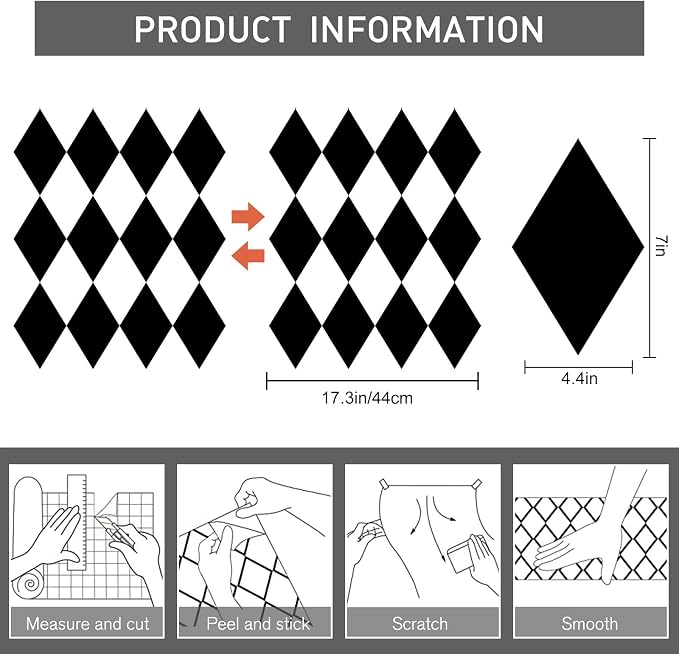 Black and White Peel and Stick Wallpaper Diamond Wallpaper Rhombus Contact Paper 17.3"x120" Lattice Self Adhesive Waterproof Vinyl Roll for Bathroom Kitchen Backsplash Cabinets - Image 3