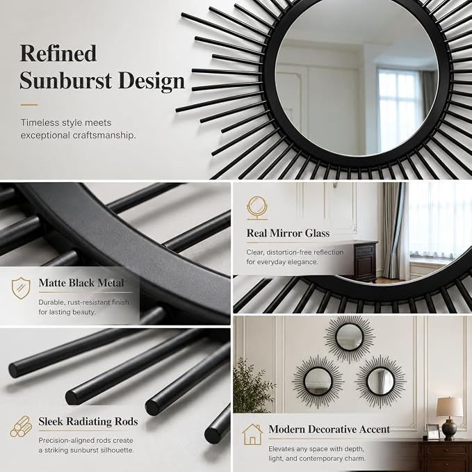 Black Sunburst Mirror Set of 3, 3PCS Metal Round Decorative Wall Mirrors, Starburst Accent Mirror Wall Decor for Living Room, Entryway, Bedroom & Hallway - Image 5