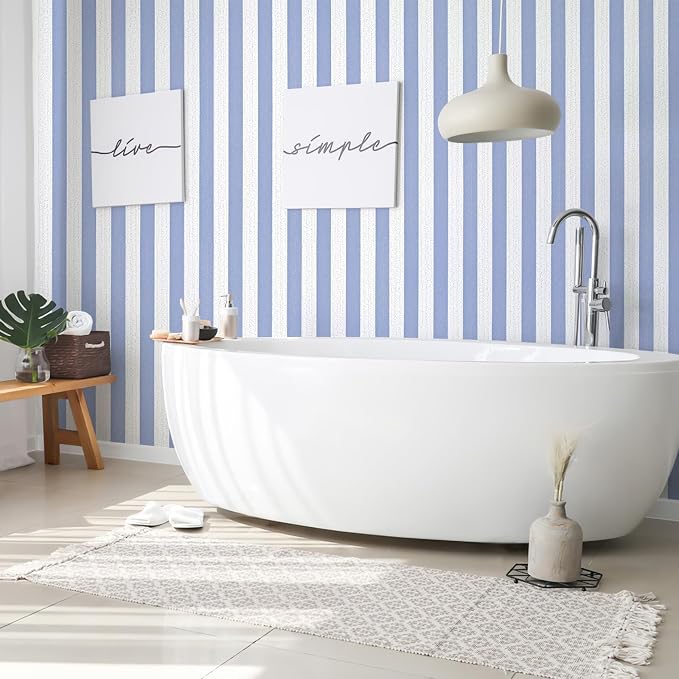 Blue Stripe Peel and Stick Wallpaper 15.7" x 472" | Blue and White Striped Boho Self-Adhesive Contact Paper Removable Waterproof Wallpaper for Bedroom,Cabinets,Drawer Liners - Image 4