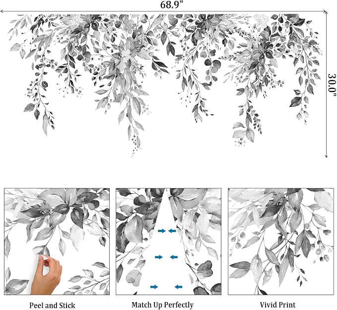 Gray Plants Leaves Wall Decals Peel and Stick, Large Floral Flowers Vinyl Wall Stickers, Removable Vine Home Decor Art for Bedroom Living Room Classroom Office - Image 2