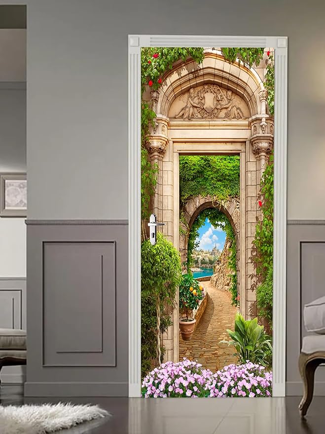 artfanke 3D Beautiful Garden Arch Peel and Stick Door Sticker 33.5"x84.6"-Self-Adhesive Door Murals Wallpaper - Wall Decal for Living Room Bedroom Decor (2 Sheets/Set) - Image 2