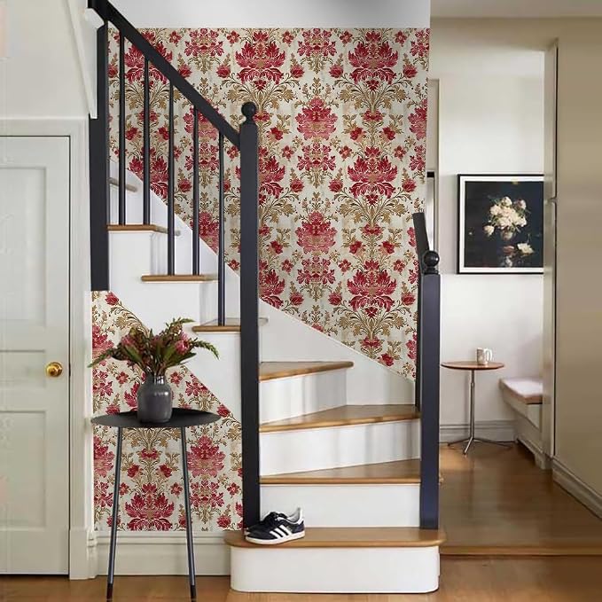 18"x236" Classical Beige Red Damask Flower Retro Peel and Stick Self Adhesive Wallpaper Removable Contact Paper Stick on Easy Peel Off Wall Paper for Kitchen Bedroom Bathroom Renter - Image 6