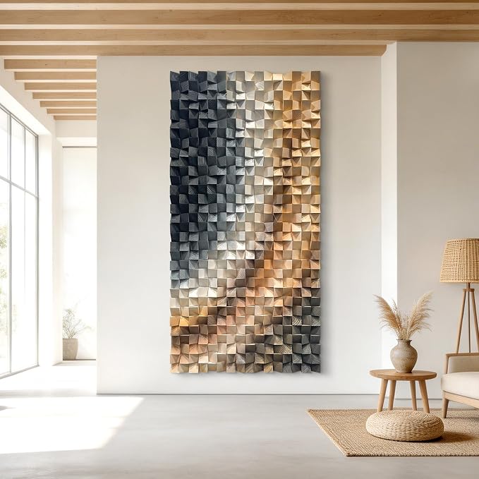 LIUZEYUE Geometric Wood Wall Decor with Cross-Band Cube Texture | large modern wall art; copper and cool gray, preinstalled back hooks; open-concept lounge sofa-wall centerpiece; 31.5 x 63 in by Unknown