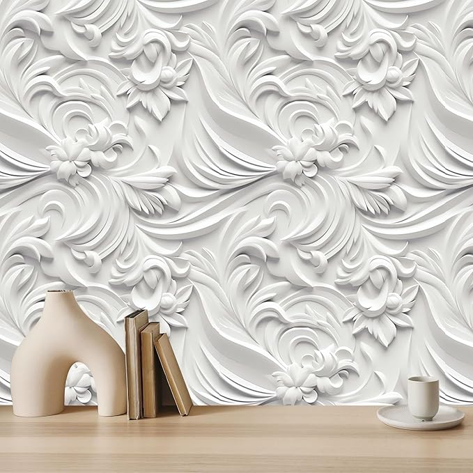 Peel and Stick Wallpaper White Gray Scroll Floral Modern - Image 4