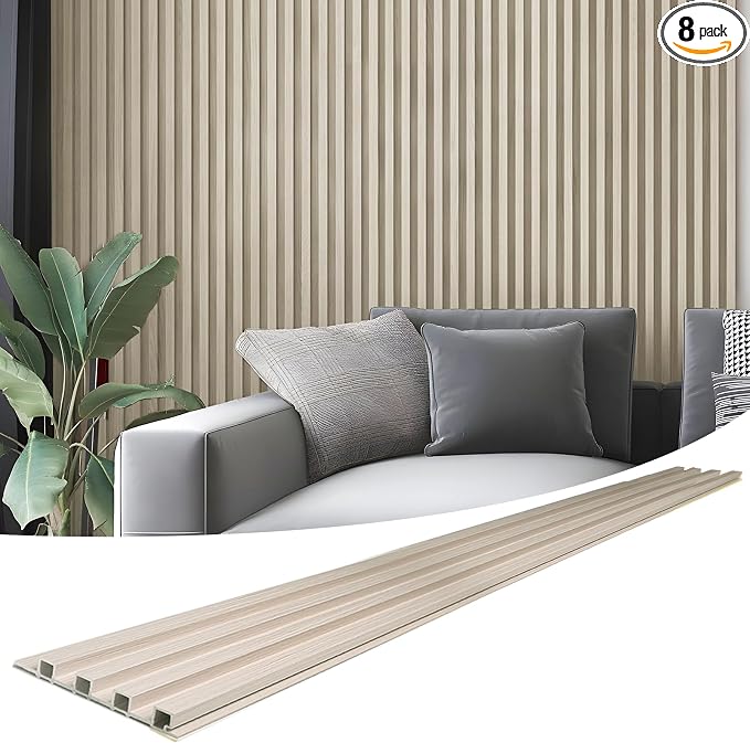Art3d 96" x 6" WPC Slat Wall Paneling for Interior Decor, 8-Pack, White Ash | Fluted Design, Durable, Moisture Resistant, Cleanable, Easy to Install, Eco-Friendly, for Living Room, Bedroom or Office by Art3d