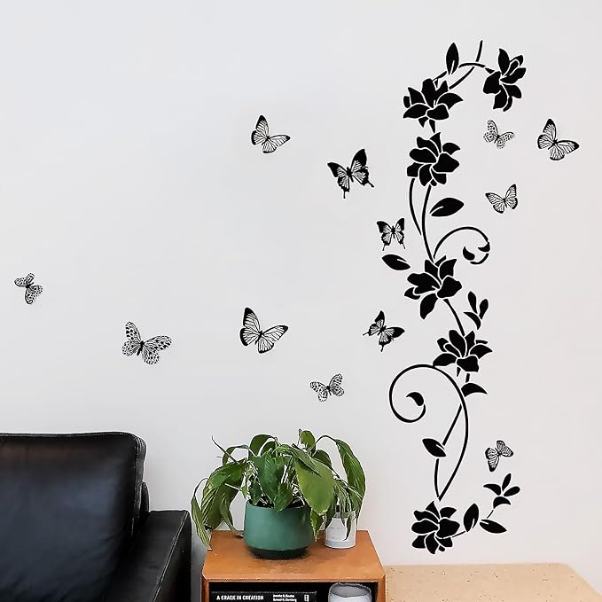 Black Flower Wall Stickers, Vines & Butterfly Wall Decals Peel and Stick | Removable Art Decoration for Bathroom Living Room Bedroom Door Murals - Image 9