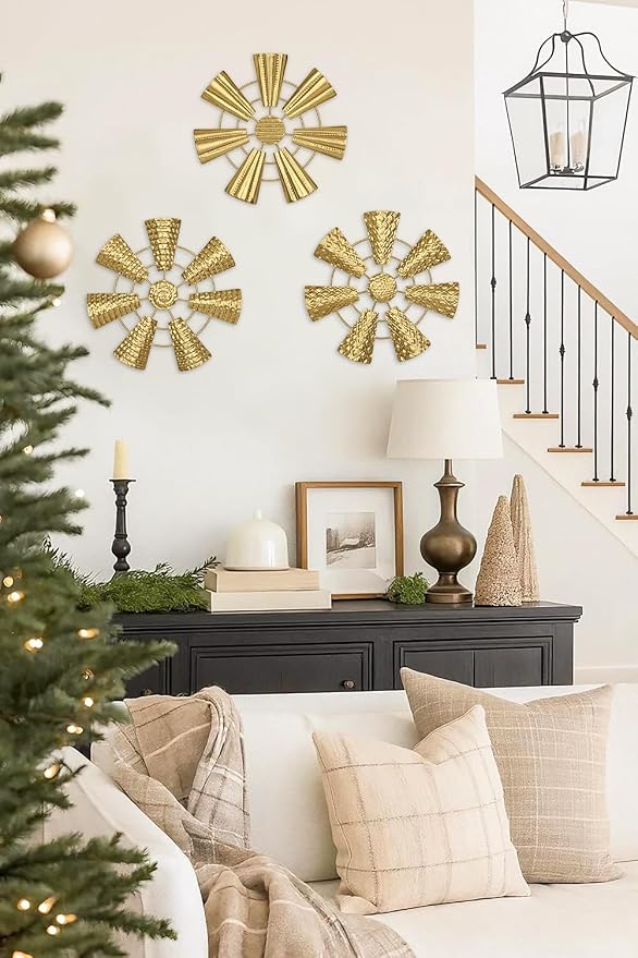 Briful 12" Wall Décor Pack of 3 Metal Gold Windmill Radial Plate Wall Art Modern Accent Hanging Wall Decorations For Home Office Living Room Wall Sculptures - Image 3
