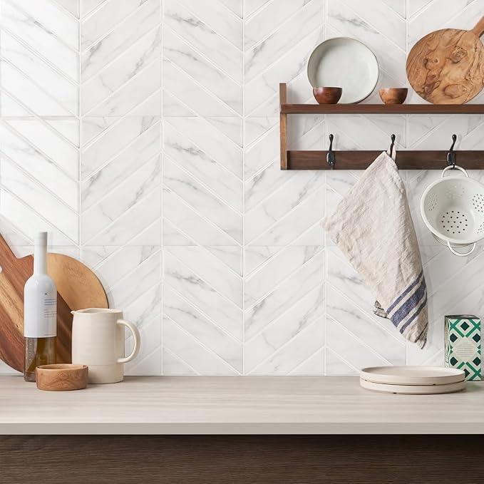 STICKGOO Herringbone Peel and Stick Backsplash, White Marble, 10 Sheets | 12.6 x 9.7 in, Thicker Rectangular Vinyl Stick-On Wall Tiles, Easy Alignment, Waterproof, Easy to Clean, Kitchen/Bathroom - Image 8