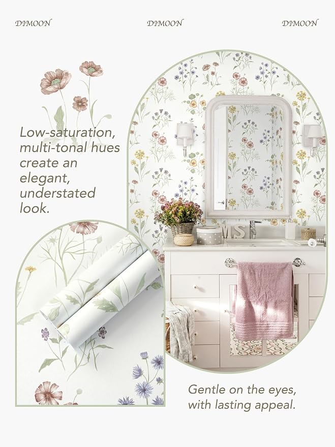 Dimoon 17.3''x78.7'' Floral Peel and Stick Wallpaper Boho Vintage Botanical Farmhouse Renter Friendly Contact Paper Bathroom Kitchen Village Country Cottage Small Floral Wallpaper Waterproof Vinyl - Image 5