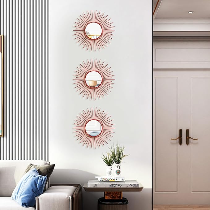 3 Pack Metal Mirrors for Wall Sunburst Wall Mirrors Home Décor Decorative Hanging Wall Art for Living Room Bedroom Entryway (Red, Sunburst) - Image 6