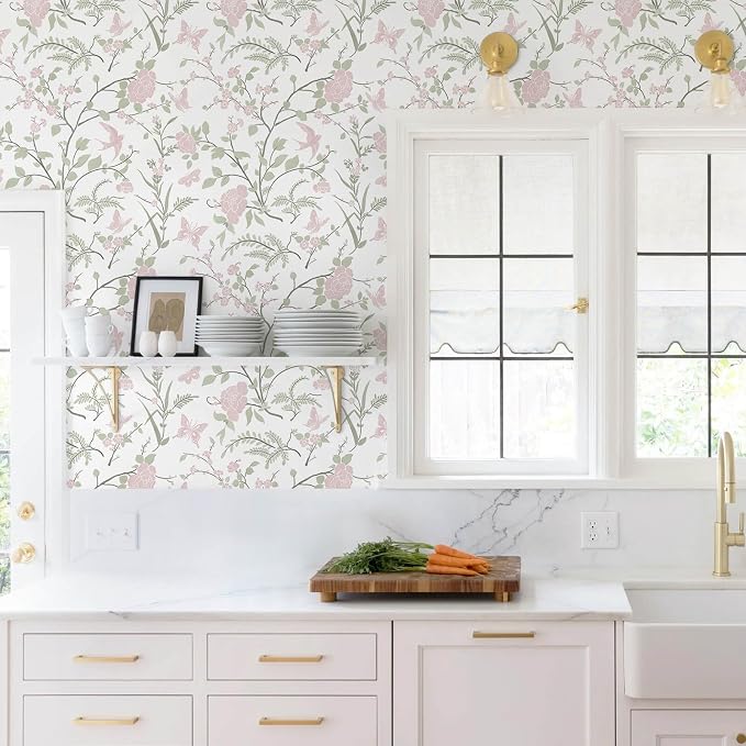 Pink Floral Wallpaper Pink and Green Wallpaper for Nursery Bedroom 78.7"×17.3" Botanical Bird Butterfly Peel and Stick Wall Paper Boho Contact Paper for Cabinets Renter Friendly Self-Adhesive - Image 4