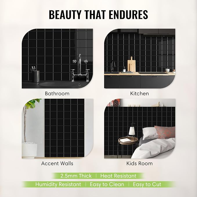 Select 5 Pack Peel and Stick Backsplash Square Tiles, 12x12 in, Black | Extra Thick 3D Wall Panels, Heat & Water Resistant, Easy DIY Kitchen, Bathroom, Laundry, Fireplace & Rental Home Wall Décor - Image 3