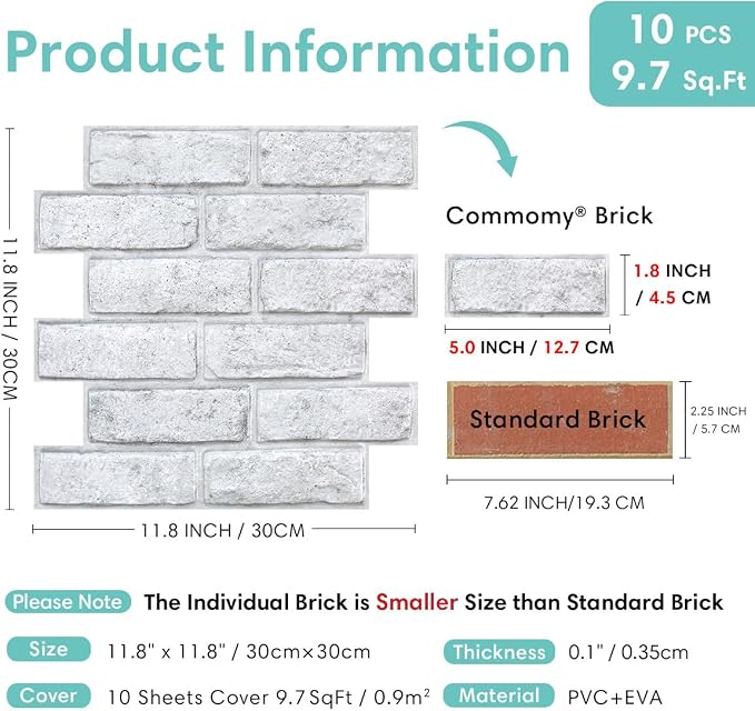 Commomy Faux Brick Wall Panels Peel and Stick Thin PVC 10 Pcs 11.8" x 11.8" | Small Size Thin PVC Quick Grey Spots White Brick Wall Covering Home Decor for Fireplace,Home Office (Covers 9.7 sq.ft) - Image 4