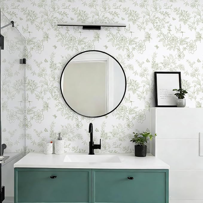 Froluya Green and White Peel and Stick Floral Wallpaper 17.7in×196.8in | Boho Floral Self Adhesive Wallpaper Vintage Flower Bird Removable Contact Paper for Bathroom Shelf Liner Cabinets Vinyl - Image 6