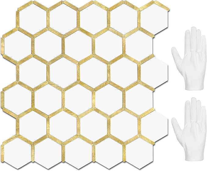 STICKGOO Hexagon Peel and Stick Backsplash Tile, Stick on Backsplash for Kitchen and Bathroom, Pure White PVC Mixed Metal Gold Self Adhesive Wall Tiles(10 Sheets, Seamless) by STICKGOO