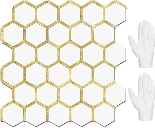 STICKGOO Hexagon Peel and Stick Backsplash Tile, Stick on Backsplash for Kitchen and Bathroom, Pure White PVC Mixed Metal Gold Self Adhesive Wall Tiles(10 Sheets, Seamless) by STICKGOO
