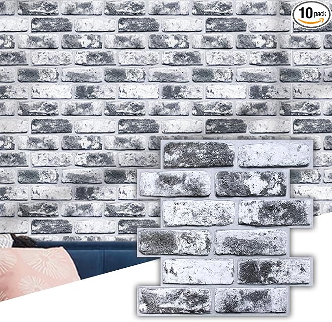 Commomy Faux Brick Panels Peel and Stick Wall Stickers 10 Pcs 11.8" x 11.8" | Small Size Thin PVC Wash Grey Fake 3D Brick Wallpaper for Kitchen,Fireplace,Home Office,Wall Covering Decor(Covers 9.7 sq.ft) by CommomyDecor
