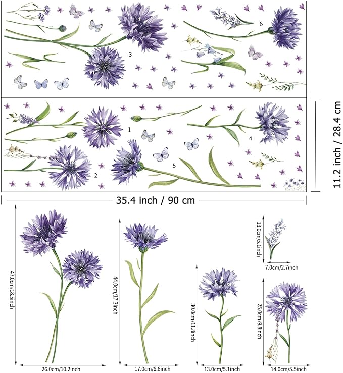 Purple Flower Wall Sticker Peel and Stick Floral Butterfly Wall Decals | Purple Wall Decal DIY Removable Daisy Flower Sticker Big Flower Wall Art Mural for Bedroom Waterproof Self-adhesive Wallpaper - Image 6