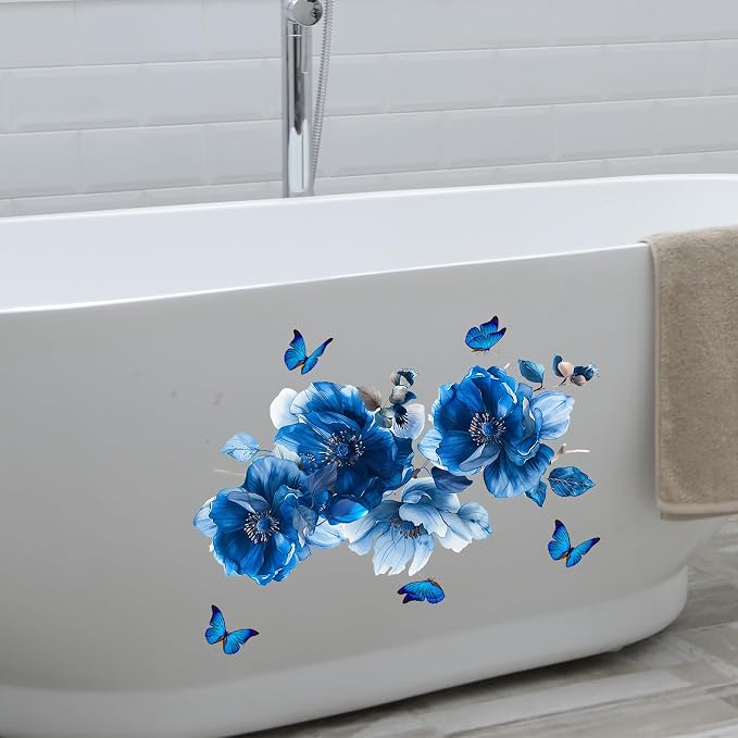 Blue Flower Wall Decals Peel and Stick Peony Floral Wall Sticker Decor Removable Peonies Bouquet Wall Murals with Butterflies for Girls Bedroom Living Room Bathroom Hallway Door Office Kids Nursery - Image 5