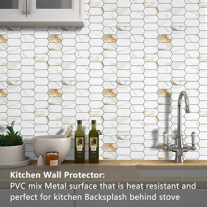 Vamos Tile Long Hexagon Peel and Stick Backsplash Tile - 10 Sheets Stick on Backsplash for Kitchen and Bathroom 12.4 x 12 Inch Calacatta Gold PVC Self Adhesive Mosaic Wall Tiles - Image 2