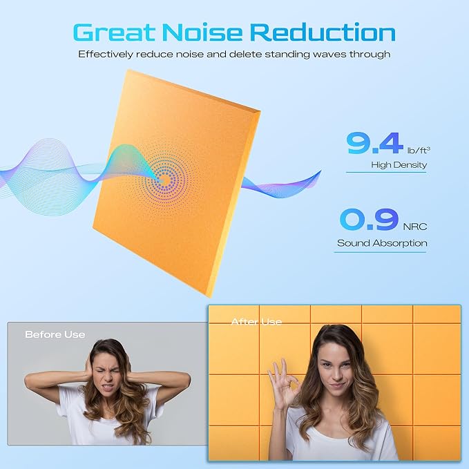 12 Pack Self-Adhesive Sound Proof Foam Panels for Walls 12"x12"x0.4" Fabric | High-Density Acoustic Panels, Noise Reducing Soundproof Wall Panels for Home Studio, Office, Easy-Install Gold - Image 3