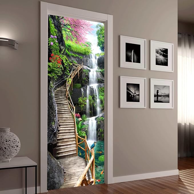 artfanke 3D Trestle Bridge Waterfall Door Sticker Peel and Stick 30.3"x78.7"- Self-Adhesive Door Murals Wallpaper - Waterproof Wall Decal for Bedroom Decor (2 Sheets/Set) - Image 8