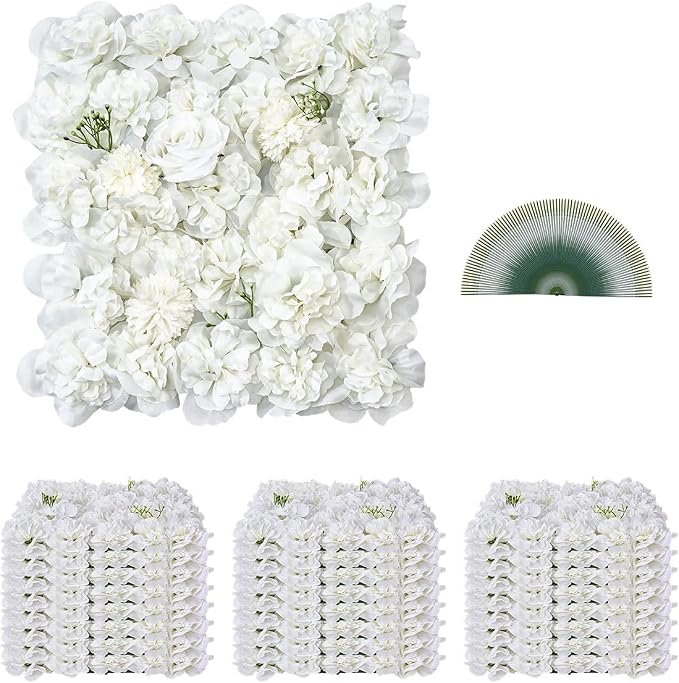 VEVOR 3D Flower Wall Panel, 24 PCS 15 x 15 inch, Artificial Floral Wall Background Mesh Backing Mat,Seamless Design&Easy Installation for Wedding Valentines Day Home Baby Party Backdrop Decor,White by VEVOR
