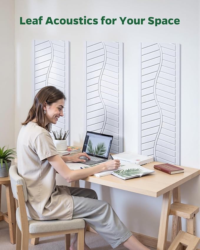 12 Pack Acoustic Wall Panels Sound Absorbing for Recording Studio, Self-Adhesive Leaf Textured Decorative White Art Ceiling Tiles - Acoustical Treatments for Home Gaming Room Door 17"×12"×0.4" - Image 7