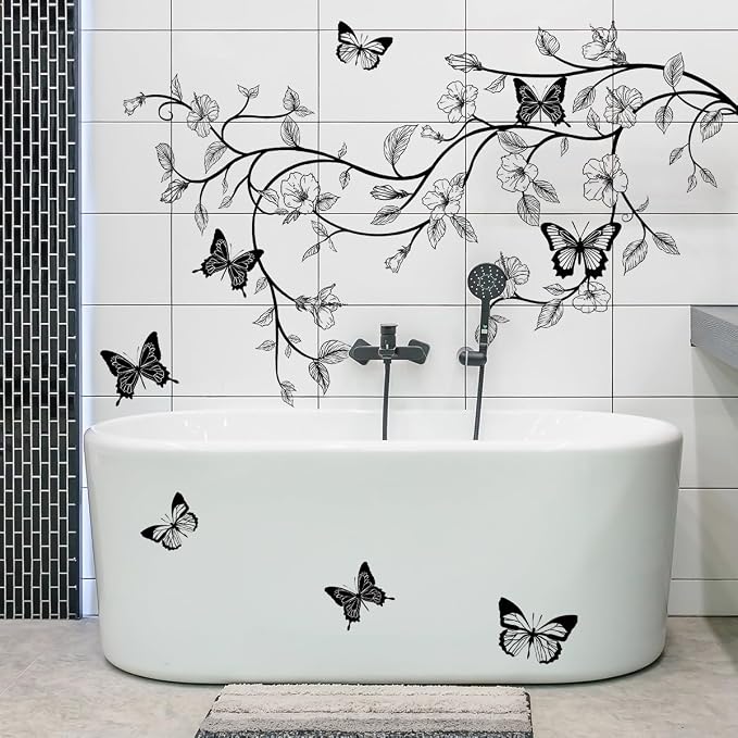 2 Sheets Black Flower Vine Wall Decals Peel and Stick Removable Butterfly Wall Stickers & Murals Vinyl Floral Simplicity Wall Stickers Decor for Bathroom Living Room Kitchen Landry Shower Door Art - Image 4
