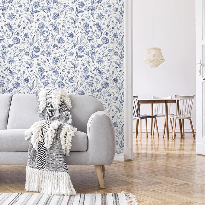 White and Blue Floral Peel and Stick Wallpaper Vintage 17in x 197in | Botanical Wallpaper Vintage Contact Paper Black Flower Removable Wall Paper for Bathroom Bedroom Boho Self Adhesive Vinyl - Image 8