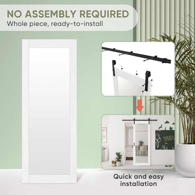 JUBEST 32x84 in Mirror Barn Door and 5.5FT Sliding Door Hardware Kit Included, White Full Length Mirror, Solid Wood Panel Covered with Water-Proof PVC Surface, No Assembly Required - Image 3