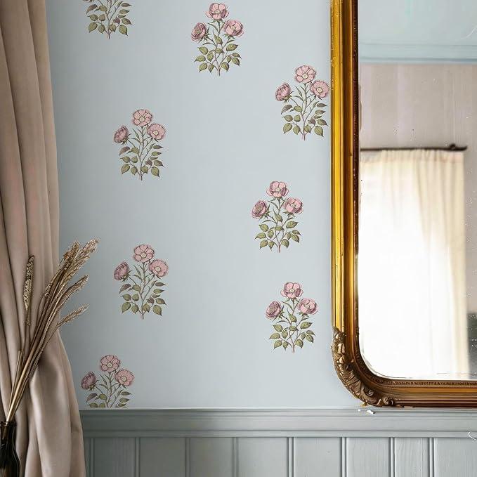 17.3" x 196.8" Vintage Blue Floral Wallpaper Peel and Stick Boho Wallpaper Removable Waterproof Rose Pattern Contact Paper for Bedroom, Bathroom, Home Wall - Image 7