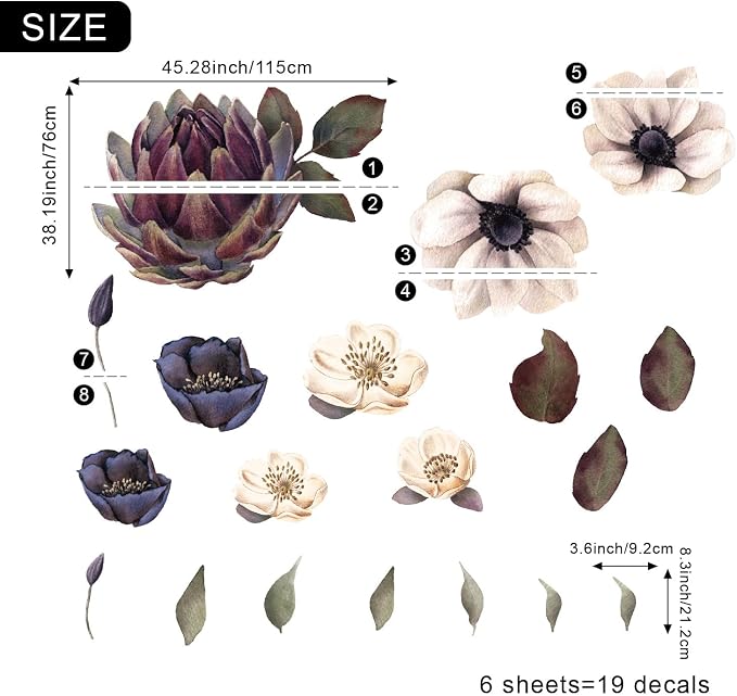 Peel and Stick Floral Wall Mural DIY for Bedroom Living Room | Dark Moody 8 Flowers Fabric Wall Decals, Self-Adhesive Freestyle Layout, Largest 47.5"x31.4" Giant Peony Rose - Image 5