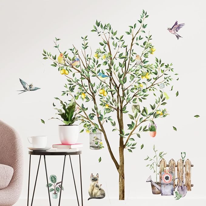 Lemon Tree Wall Decal, Large Decorative Green Tree with Birds Wall Stickers, Removable Peel and Stick Mural Wall Art Decoration for Living Room, Bedroom, Office Wall Decor (Lemon Tree-B) by Unknown