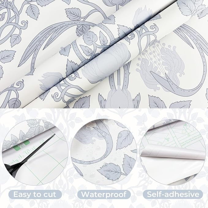 YXTII 590.5" × 17.3" Blue Floral Peel and Stick Wallpaper, Damask Vintage Wallpaper for Bedroom Bathroom Self Adhesive Removable - Image 2