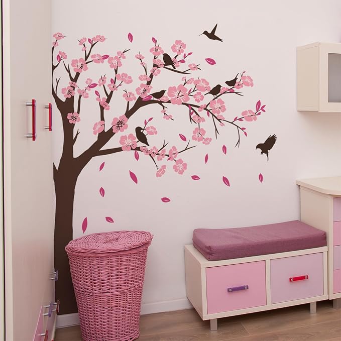 Pink Flower Tree Wall Stickers, Removable DIY Romantic Peach Blossom Tree Wall Murals Peel and Stick 3D Wall Art Stickers Murals Home Decor for Gilrs Bedroom Nursery Rooms Living Room - Image 3