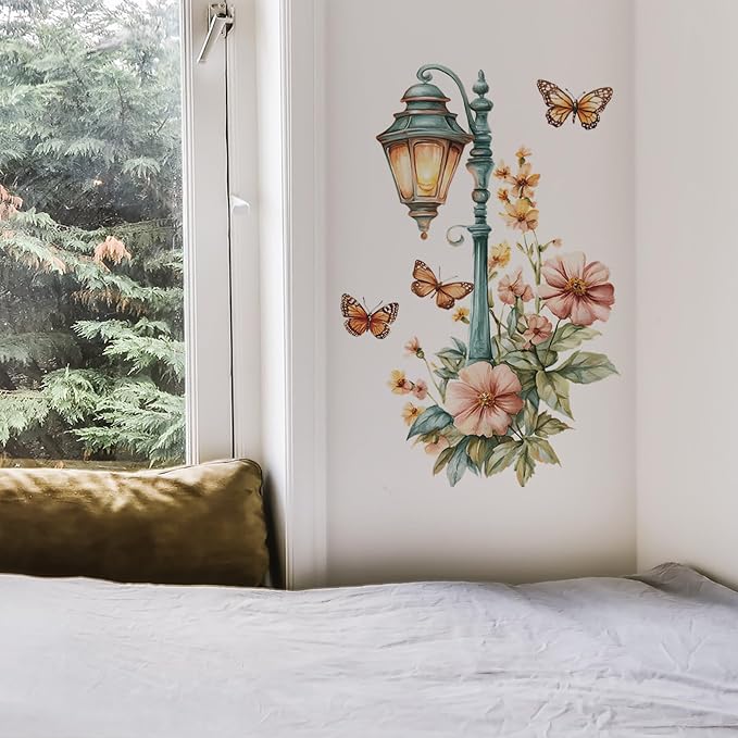Street Lamp Flower Butterfly Wall Stickers, Streetlight Floral Art Wall Decals Removable Vinyl Peel and Stick Wallpaper for Bedroom Living Room Sofa TV Background Home Decor - Image 3